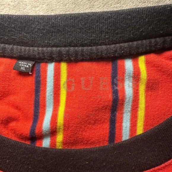 Guess‎ Los Angeles T-shirt Men XL Orange Retro Striped Triangle Embroidered Logo - Picture 6 of 11